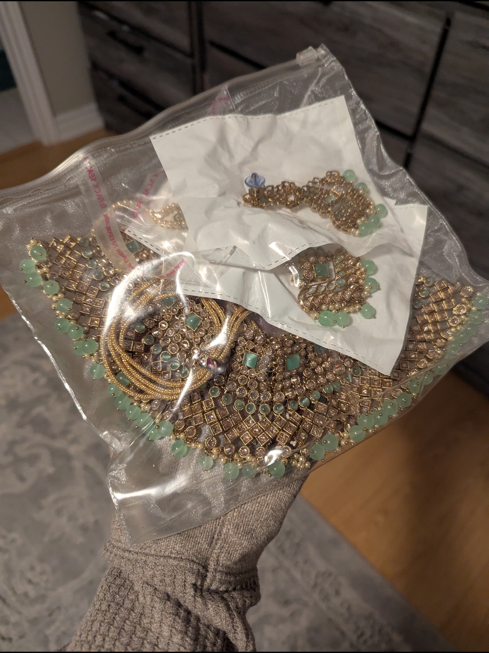 Indian Costume Gold-Tone Necklace Set with Mint Green Accents